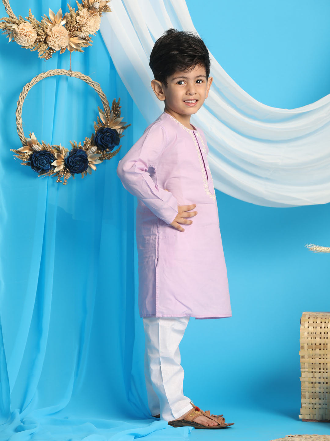VASTRAMAY Boys' Purple Kurta And White Pyjama Set - qivii