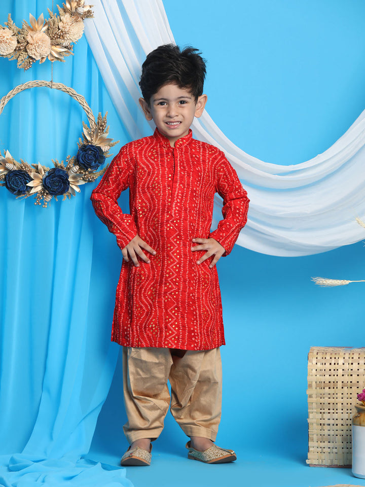 VASTRAMAY Boys' Maroon Bandhni Print Kurta And Rose Gold Patiala Set - qivii