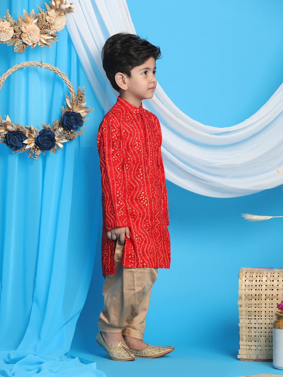 VASTRAMAY Boys' Maroon Bandhni Print Kurta And Rose Gold Patiala Set - qivii