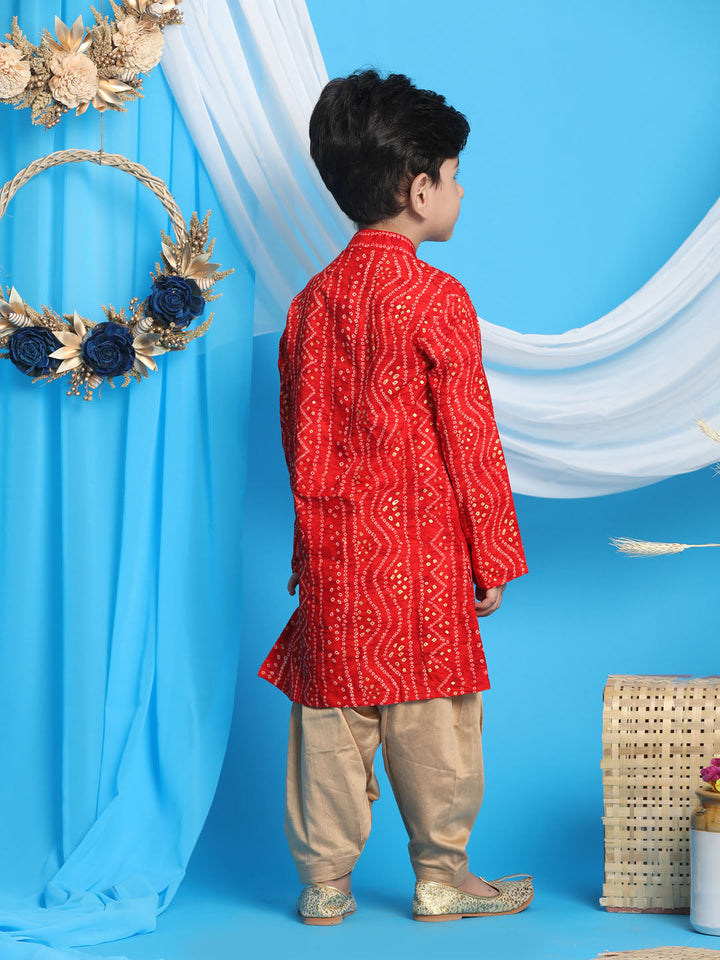 VASTRAMAY Boys' Maroon Bandhni Print Kurta And Rose Gold Patiala Set - qivii