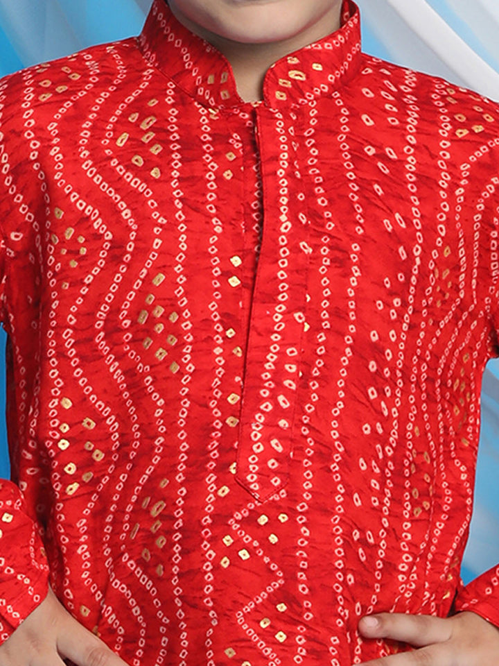 VASTRAMAY Boys' Maroon Bandhni Print Kurta And Rose Gold Patiala Set - qivii