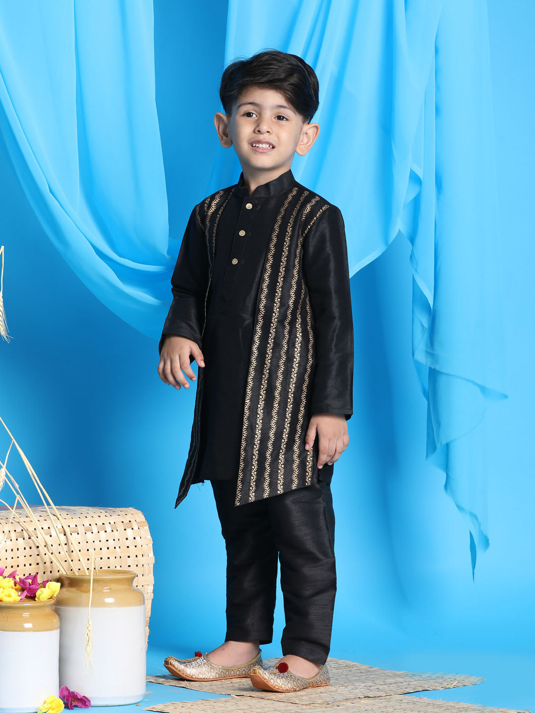 Vastramay Boys' Black Jacket Style Kurta And Black Pyjama Set - qivii