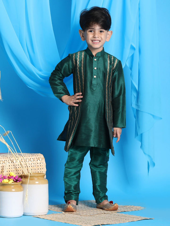 Vastramay Boys' Green Jacket Style Kurta And Green Pyjama Set - qivii