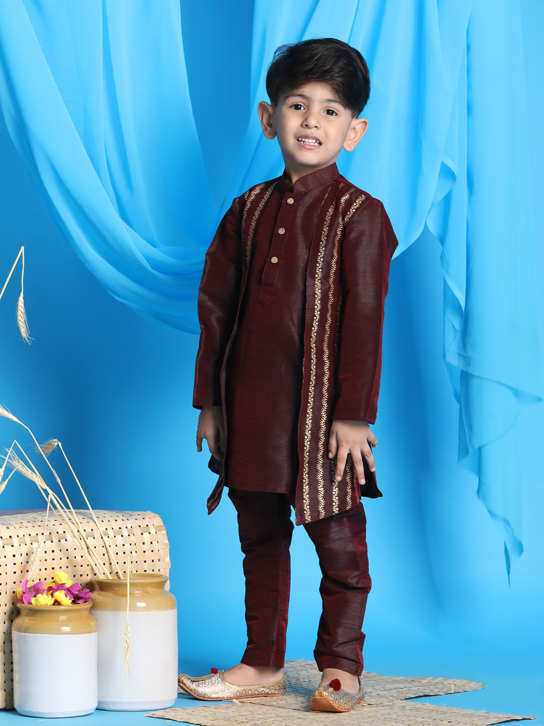Vastramay Boys' Wine Jacket Style Kurta And Pyjama Set - qivii