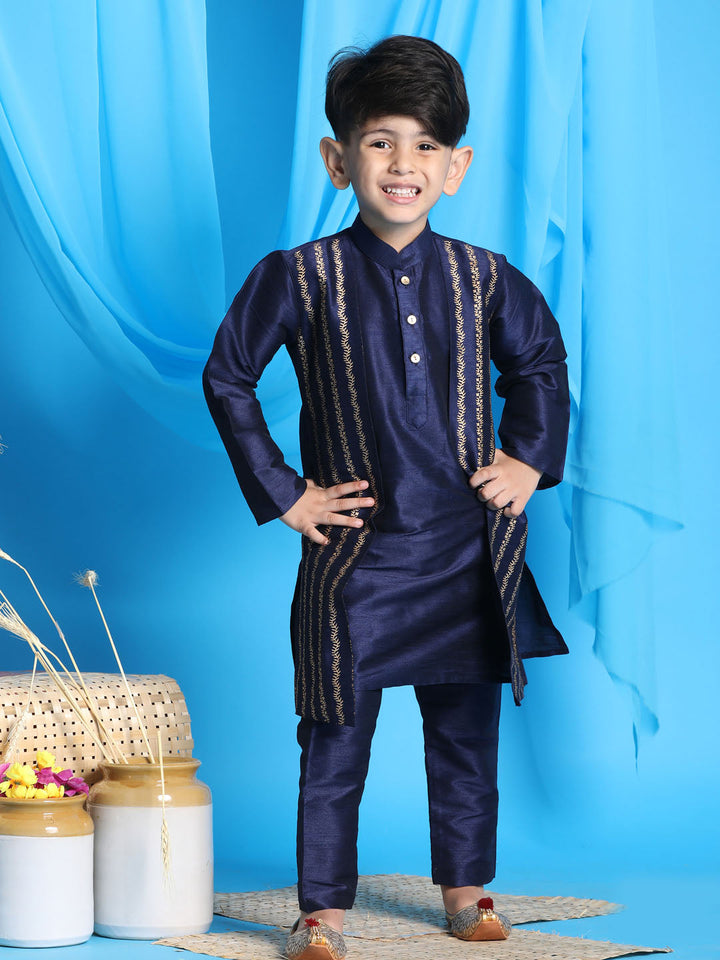 Vastramay Boys' Navy Blue Jacket Style Kurta And Navy Blue Pyjama Set - qivii