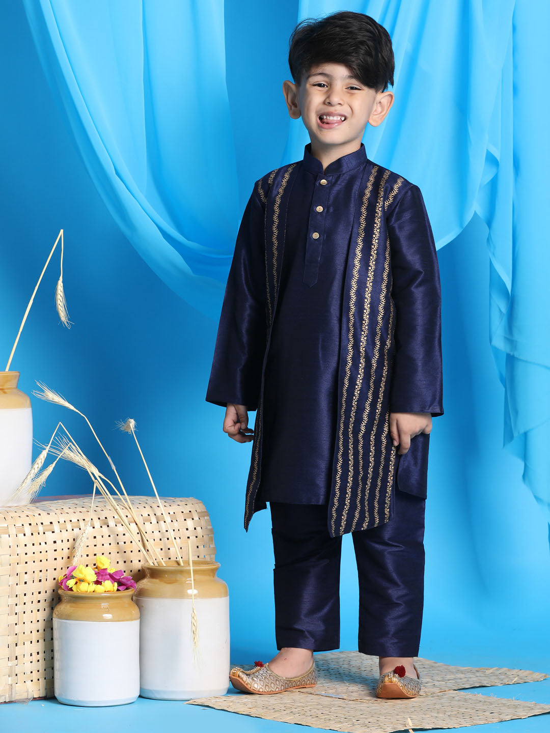 Vastramay Boys' Navy Blue Jacket Style Kurta And Navy Blue Pyjama Set - qivii