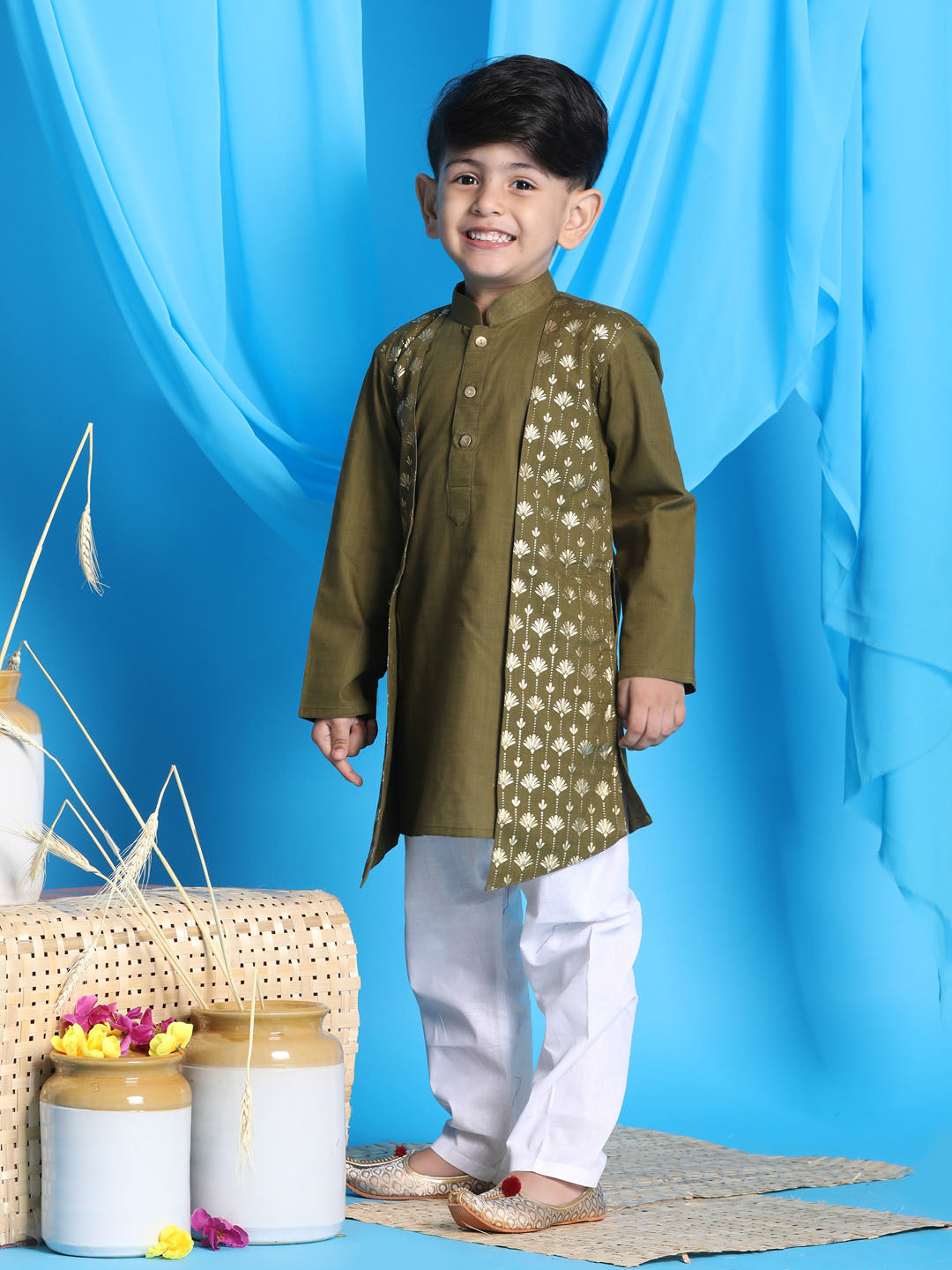VASTRAMAY Boys' Mint Green Jacket Style Kurta And White Pyjama Set - qivii