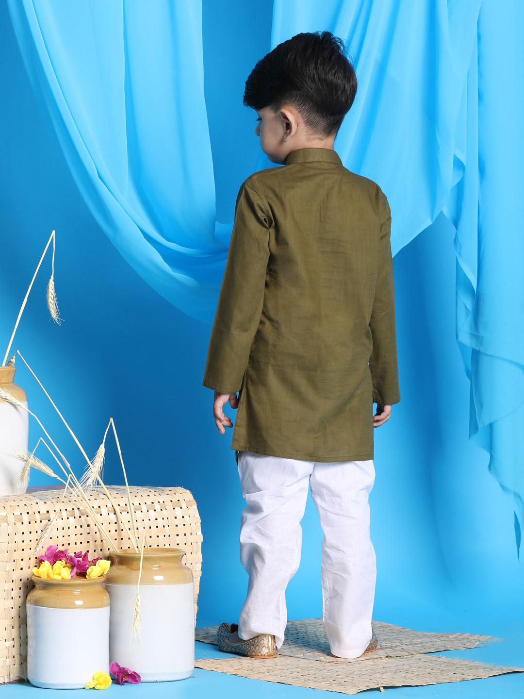 VASTRAMAY Boys' Mint Green Jacket Style Kurta And White Pyjama Set - qivii