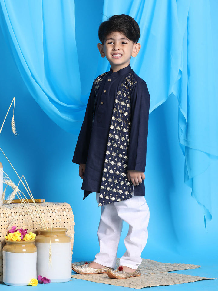VASTRAMAY Boys' Navy Blue Jacket Style Kurta And White Pyjama Set - qivii