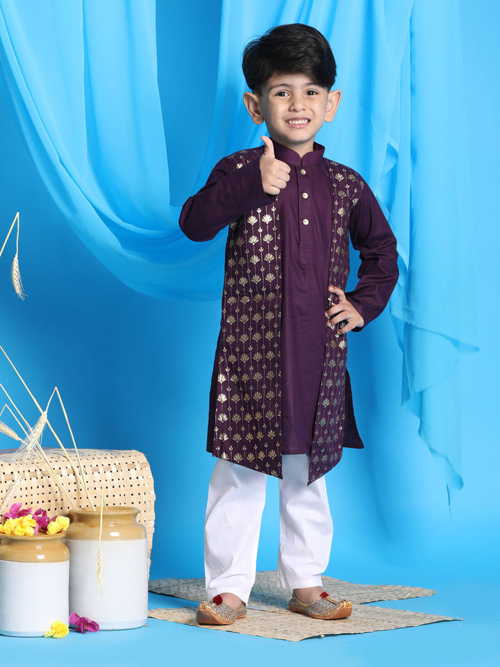 VASTRAMAY Boys' Purple Jacket Style Kurta And White Pyjama Set - qivii