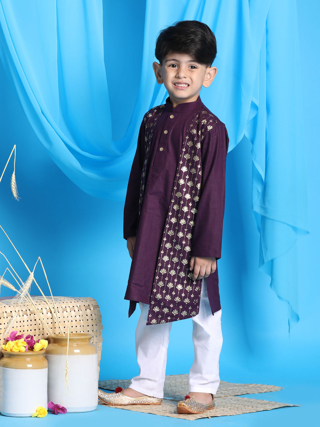 VASTRAMAY Boys' Purple Jacket Style Kurta And White Pyjama Set - qivii