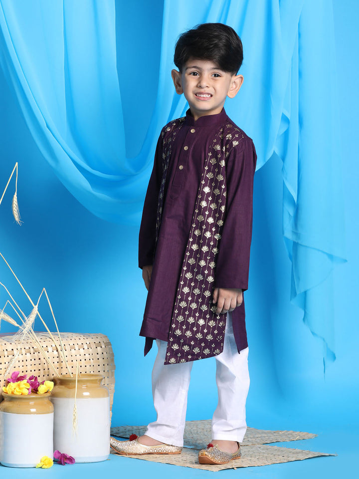 VASTRAMAY Boys' Purple Jacket Style Kurta And White Pyjama Set - qivii