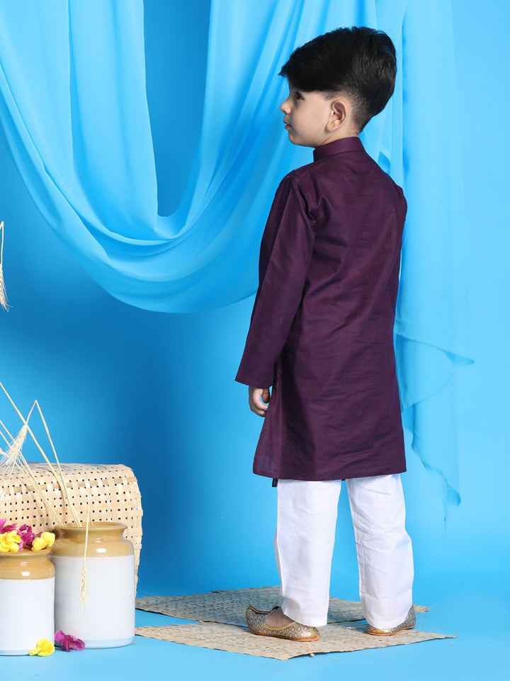 VASTRAMAY Boys' Purple Jacket Style Kurta And White Pyjama Set - qivii
