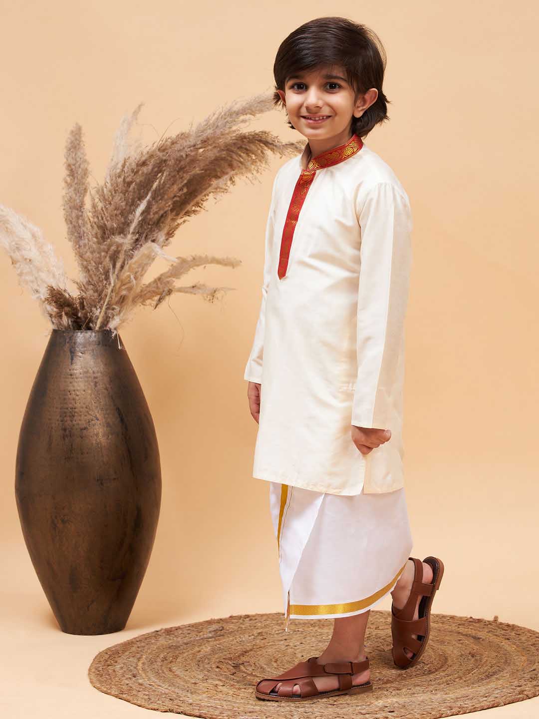 VASTRAMAY Boys' Maroon And White Kurta With Mundu Set - qivii