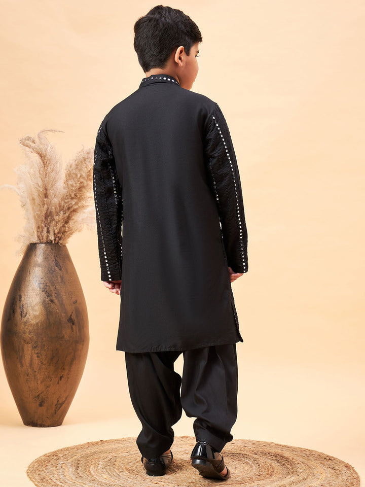 VASTRAMAY Boys Black Embroidered Vertical Mirror Work Kurta With Patiala Set - qivii