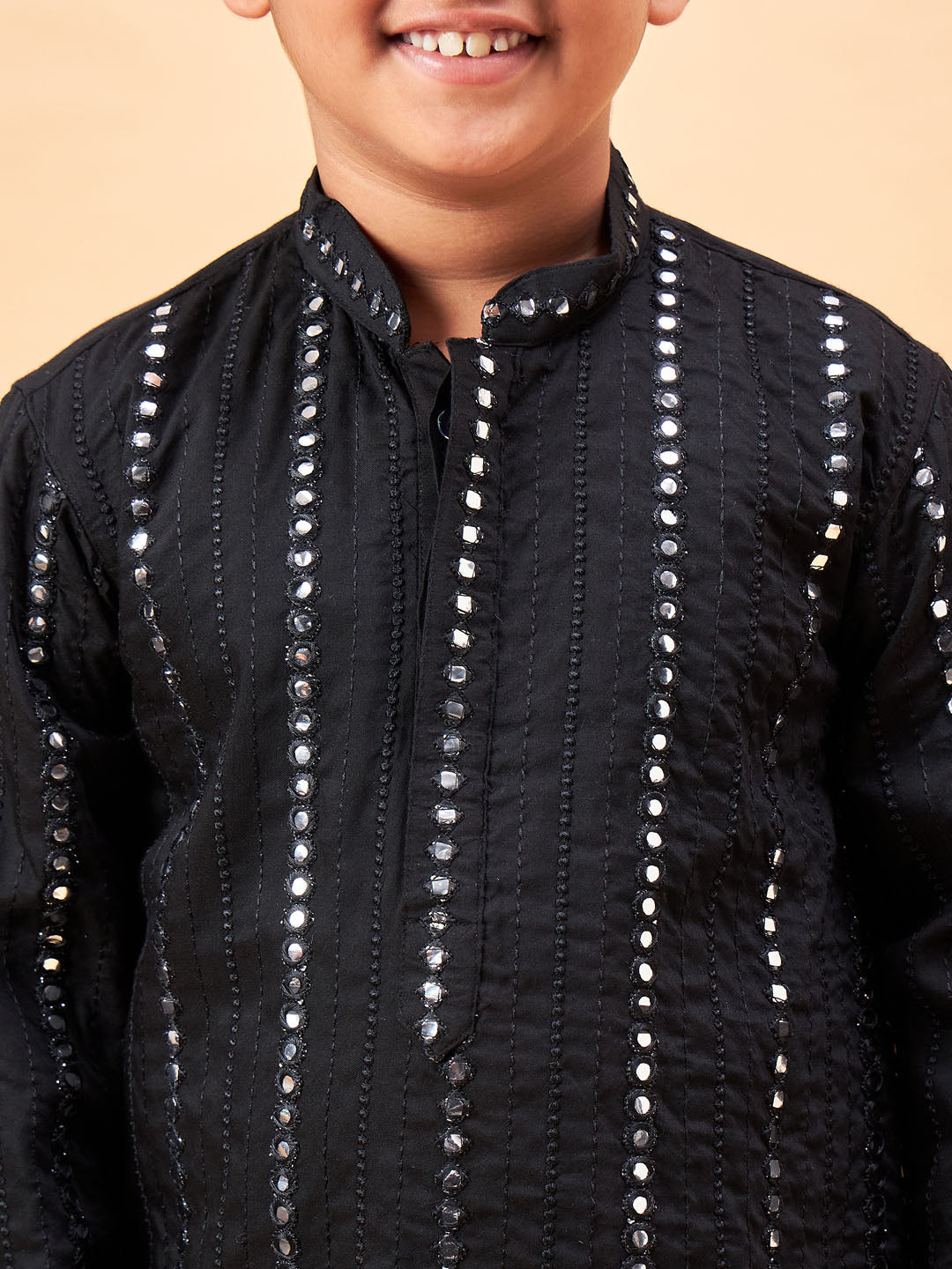 VASTRAMAY Boys Black Embroidered Vertical Mirror Work Kurta With Patiala Set - qivii