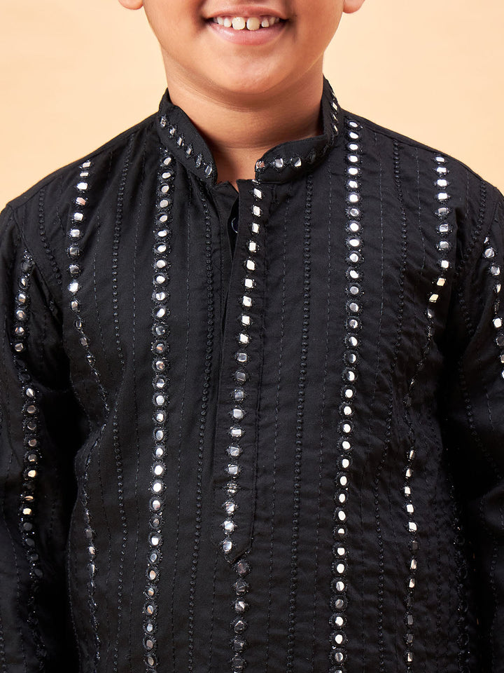 VASTRAMAY Boys Black Embroidered Vertical Mirror Work Kurta With Patiala Set - qivii
