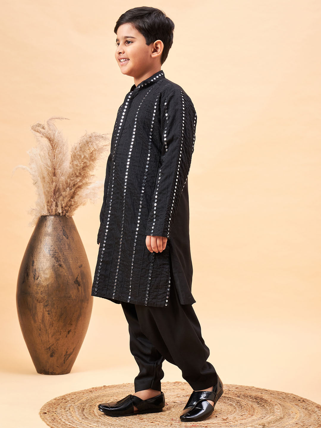 VASTRAMAY Boys Black Embroidered Vertical Mirror Work Kurta With Patiala Set - qivii