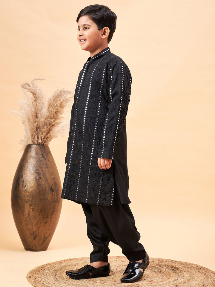 VASTRAMAY Boys Black Embroidered Vertical Mirror Work Kurta With Patiala Set - qivii
