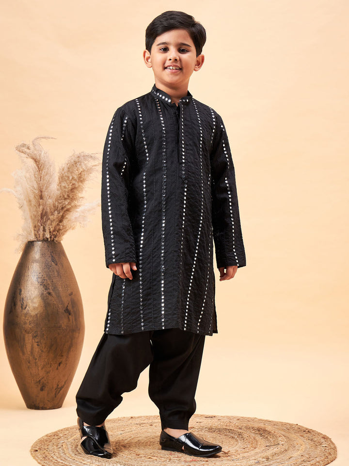 VASTRAMAY Boys Black Embroidered Vertical Mirror Work Kurta With Patiala Set - qivii