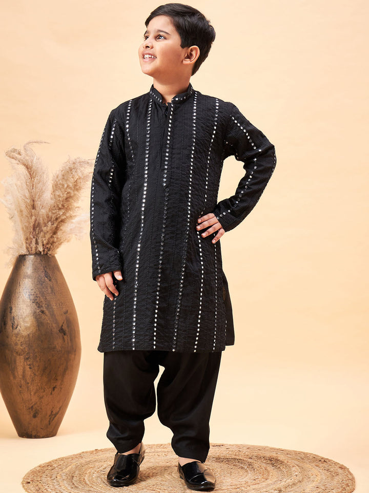 VASTRAMAY Boys Black Embroidered Vertical Mirror Work Kurta With Patiala Set - qivii