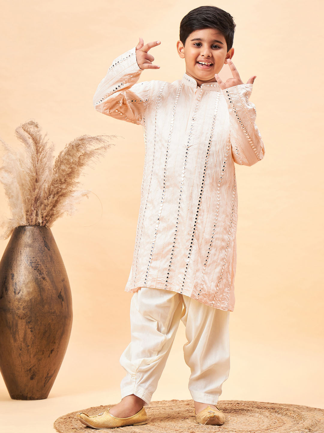 VASTRAMAY Boys Cream Embroidered Vertical Mirror Work Kurta With Patiala Set - qivii