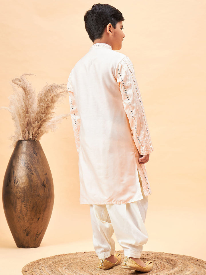 VASTRAMAY Boys Cream Embroidered Vertical Mirror Work Kurta With Patiala Set - qivii