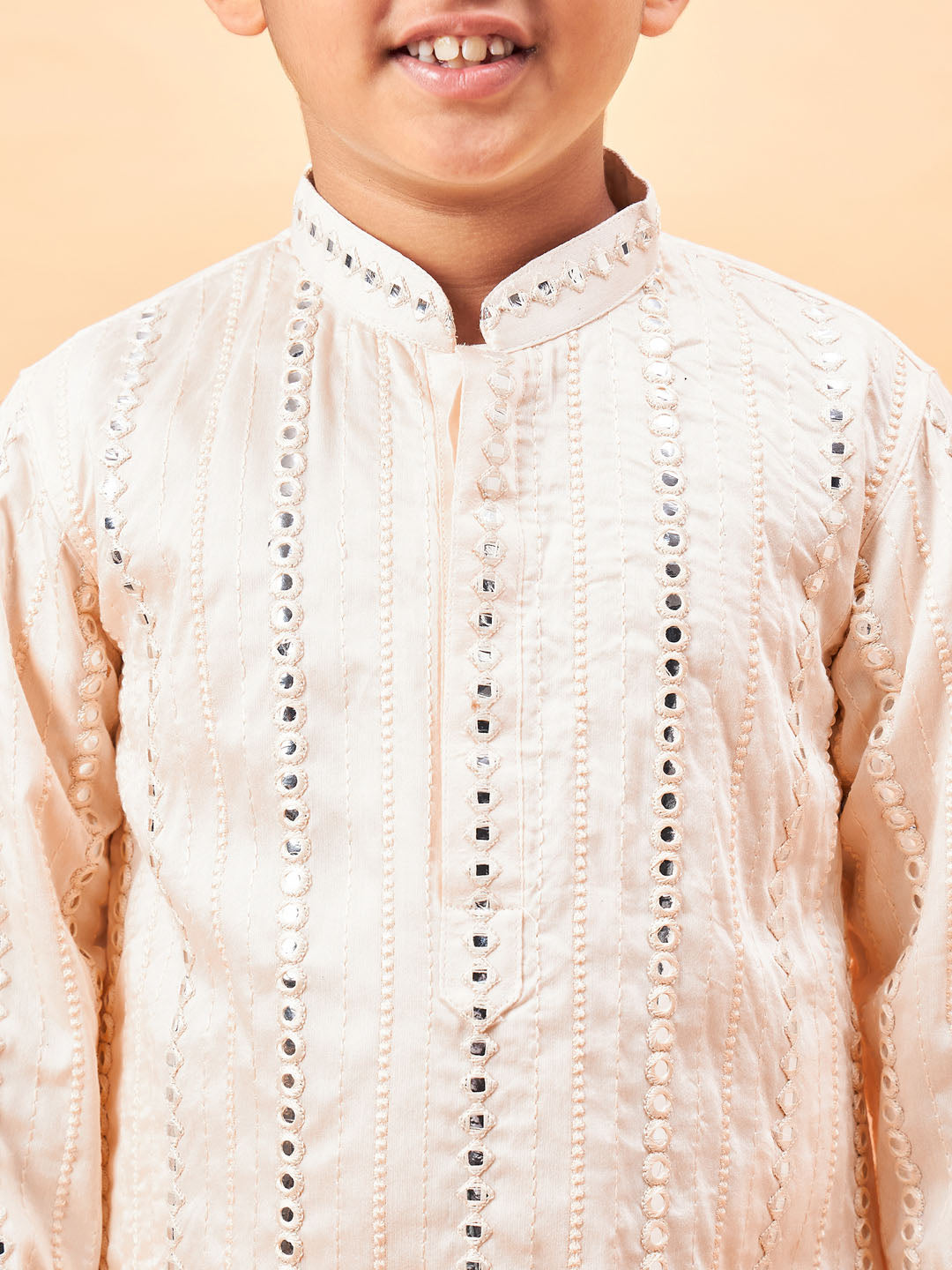 VASTRAMAY Boys Cream Embroidered Vertical Mirror Work Kurta With Patiala Set - qivii