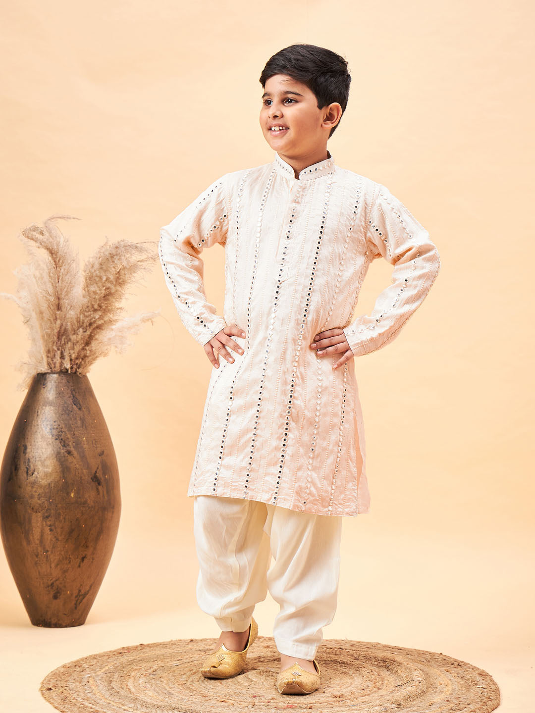 VASTRAMAY Boys Cream Embroidered Vertical Mirror Work Kurta With Patiala Set - qivii