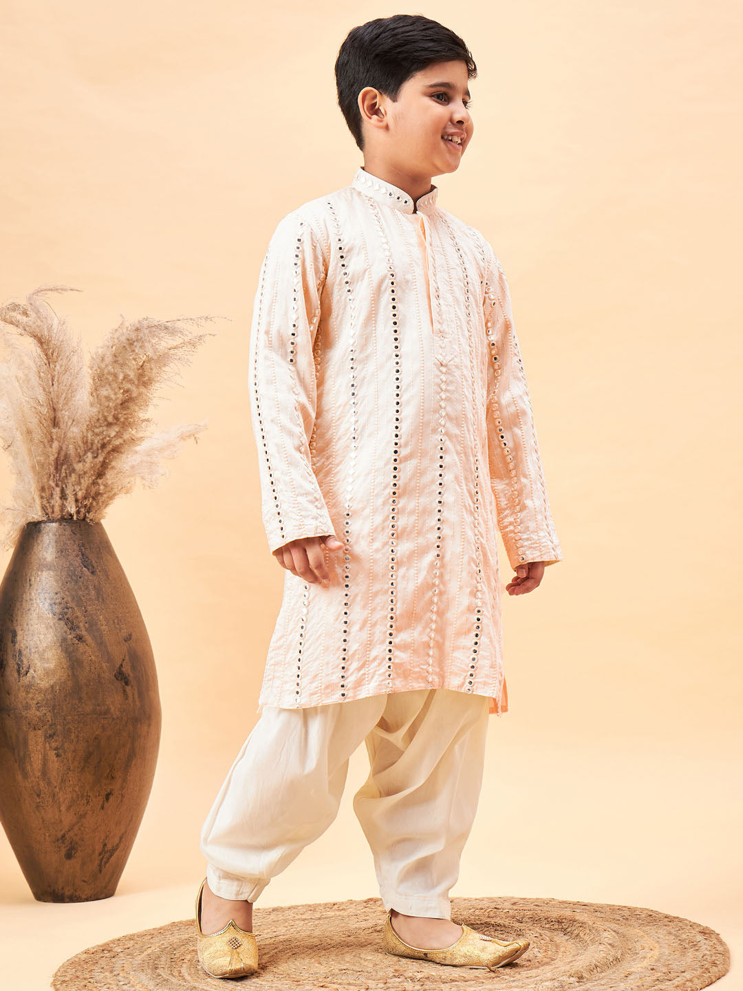 VASTRAMAY Boys Cream Embroidered Vertical Mirror Work Kurta With Patiala Set - qivii