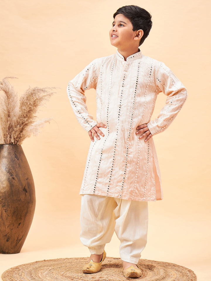 VASTRAMAY Boys Cream Embroidered Vertical Mirror Work Kurta With Patiala Set - qivii