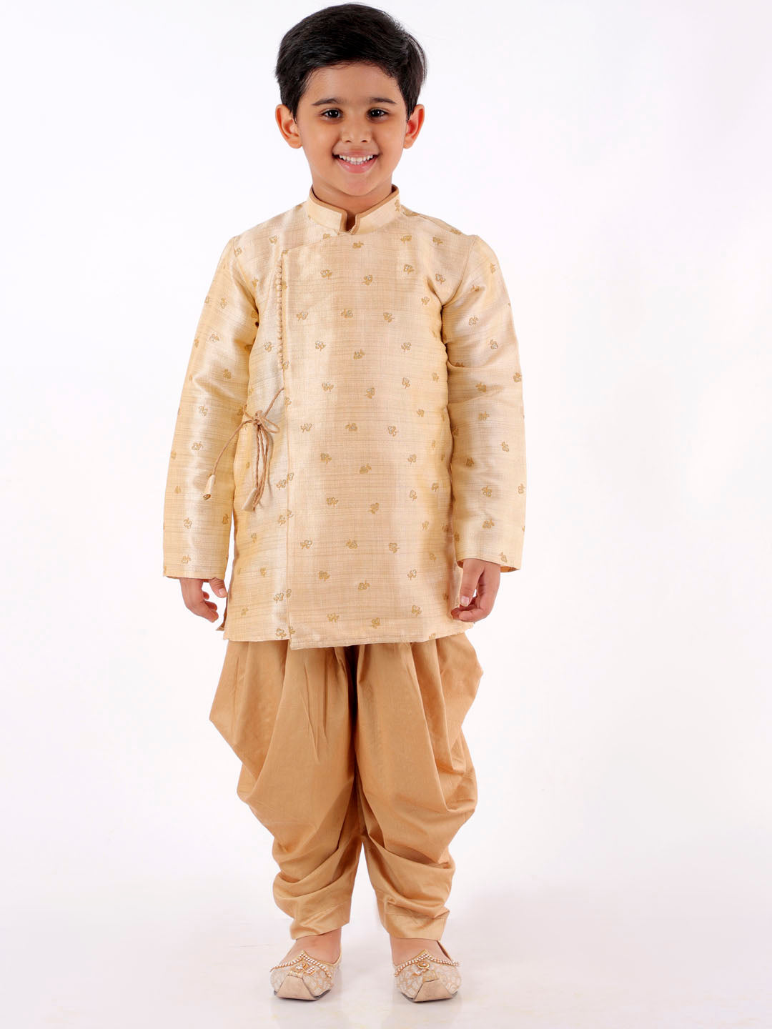 VASTRAMAY Boys' Cream Angrakha Woven Kurta With Rosegold Dhoti Pant Set - qivii
