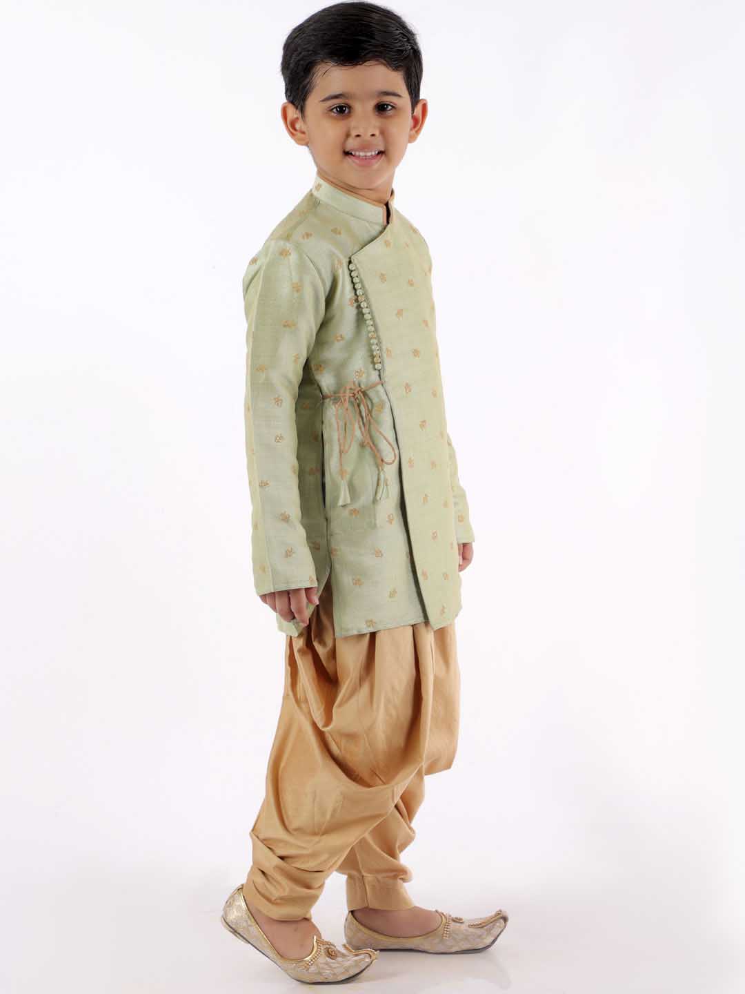 VASTRAMAY Boys' Green Angrakha Woven Kurta With Rosegold Dhoti Pant Set - qivii