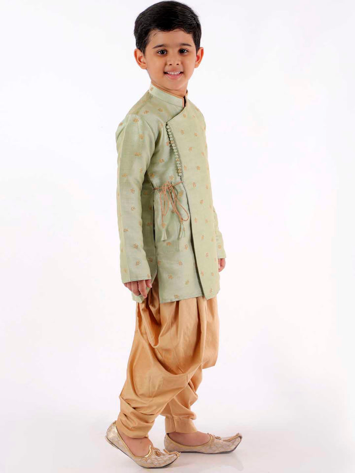 VASTRAMAY Boys' Green Angrakha Woven Kurta With Rosegold Dhoti Pant Set - qivii