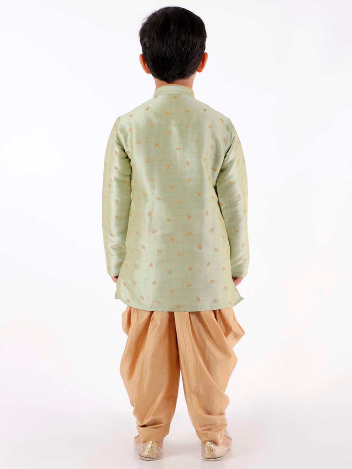 VASTRAMAY Boys' Green Angrakha Woven Kurta With Rosegold Dhoti Pant Set - qivii
