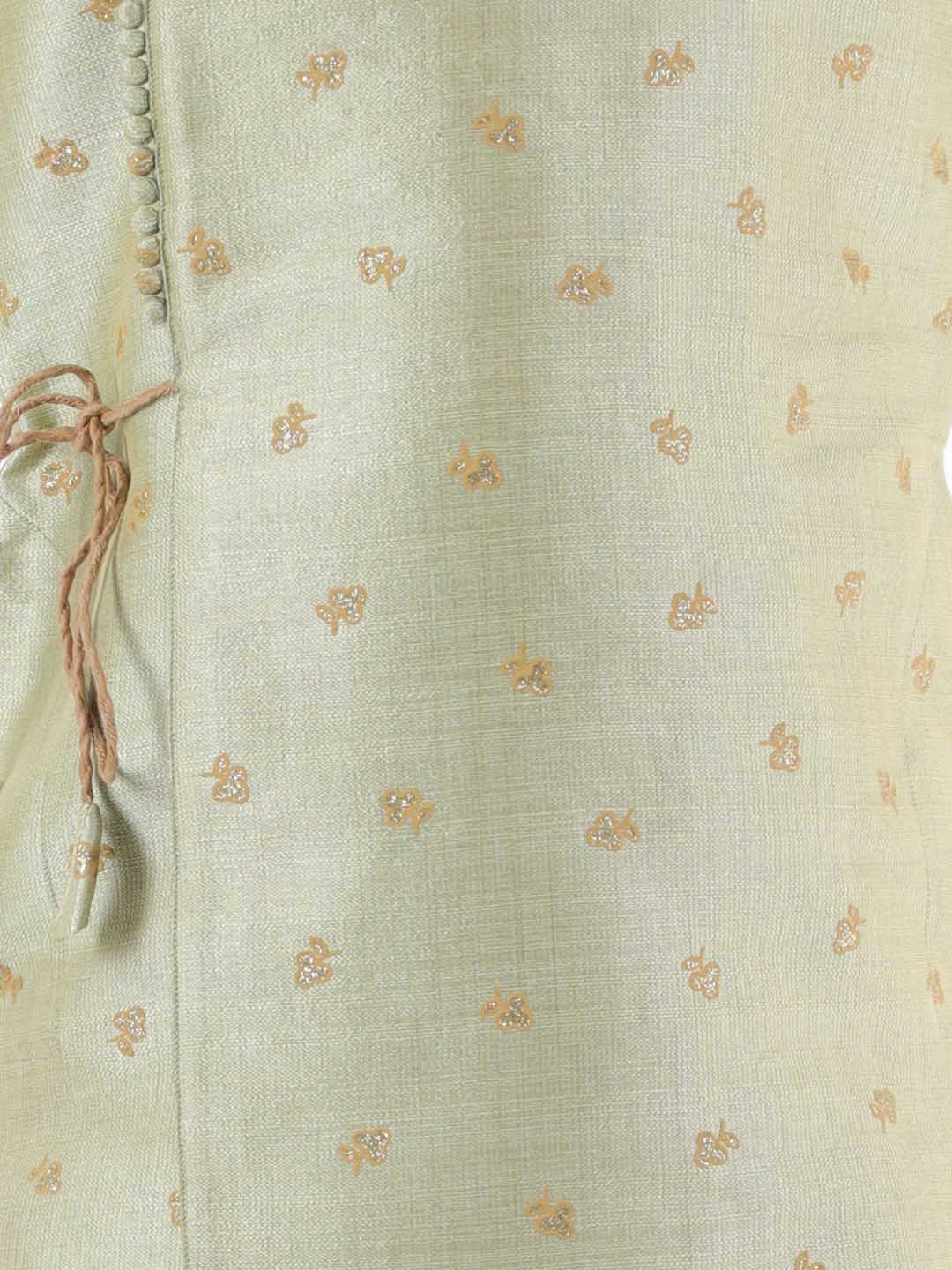 VASTRAMAY Boys' Green Angrakha Woven Kurta With Rosegold Dhoti Pant Set - qivii