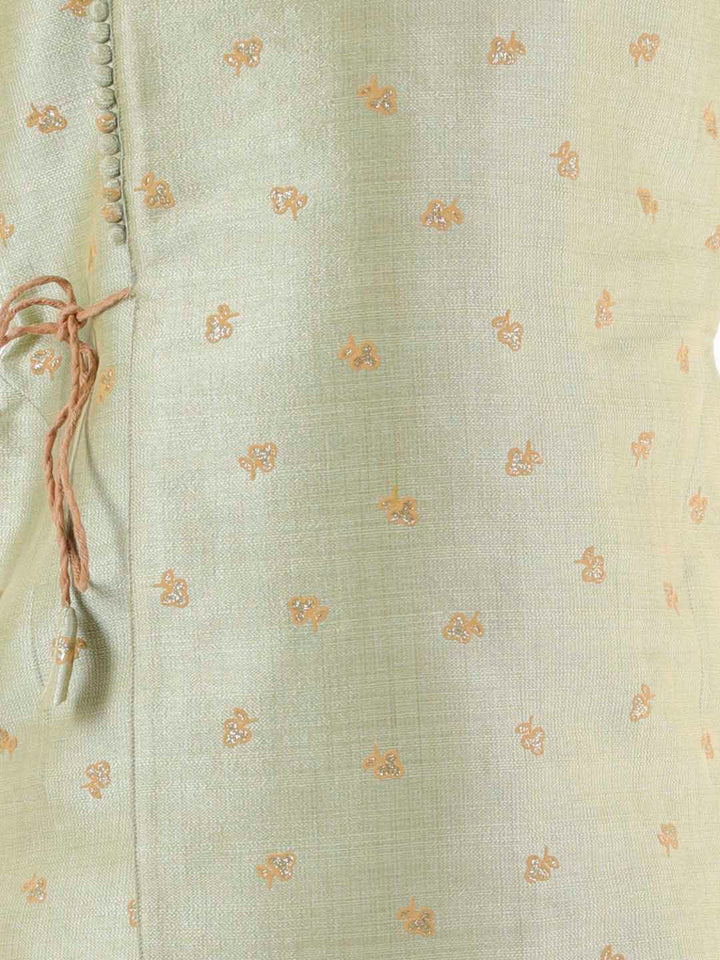 VASTRAMAY Boys' Green Angrakha Woven Kurta With Rosegold Dhoti Pant Set - qivii