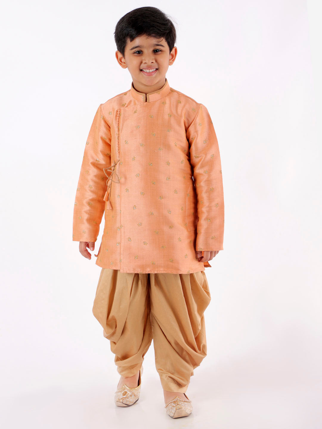 VASTRAMAY Boys' Peach Angrakha Woven Kurta With Rosegold Dhoti Pant Set - qivii