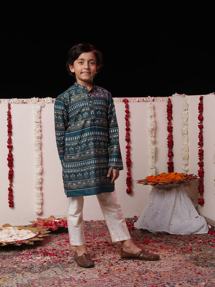 VASTRAMAY Boys' Blue Foil Printed Kurta And Cream Pyjama Set - qivii