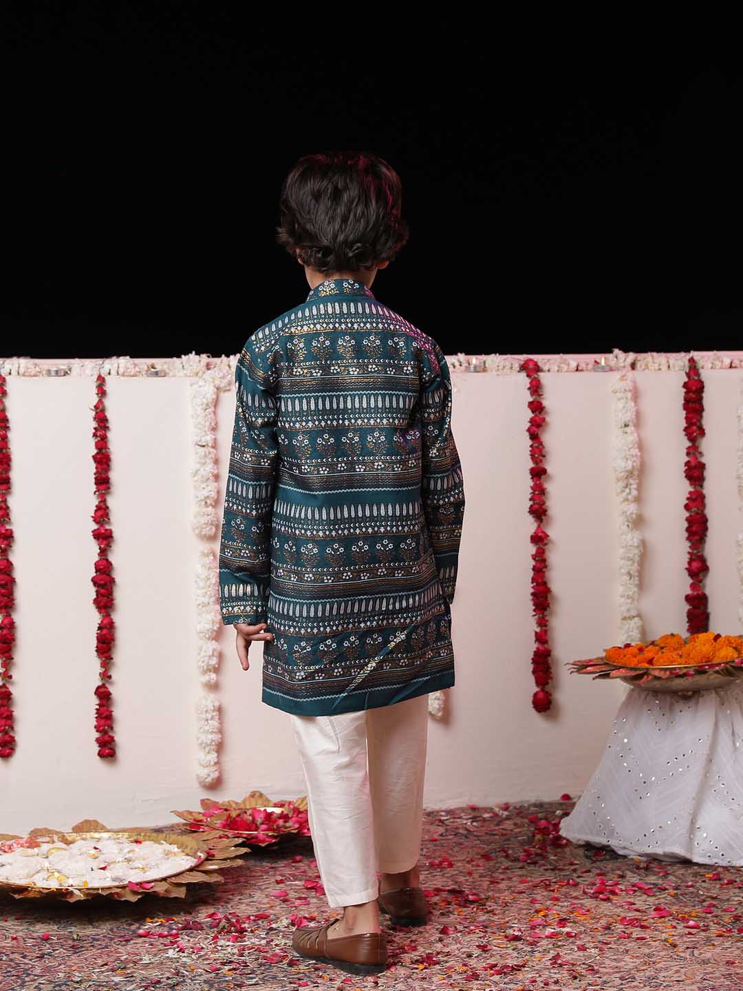 VASTRAMAY Boys' Blue Foil Printed Kurta And Cream Pyjama Set - qivii