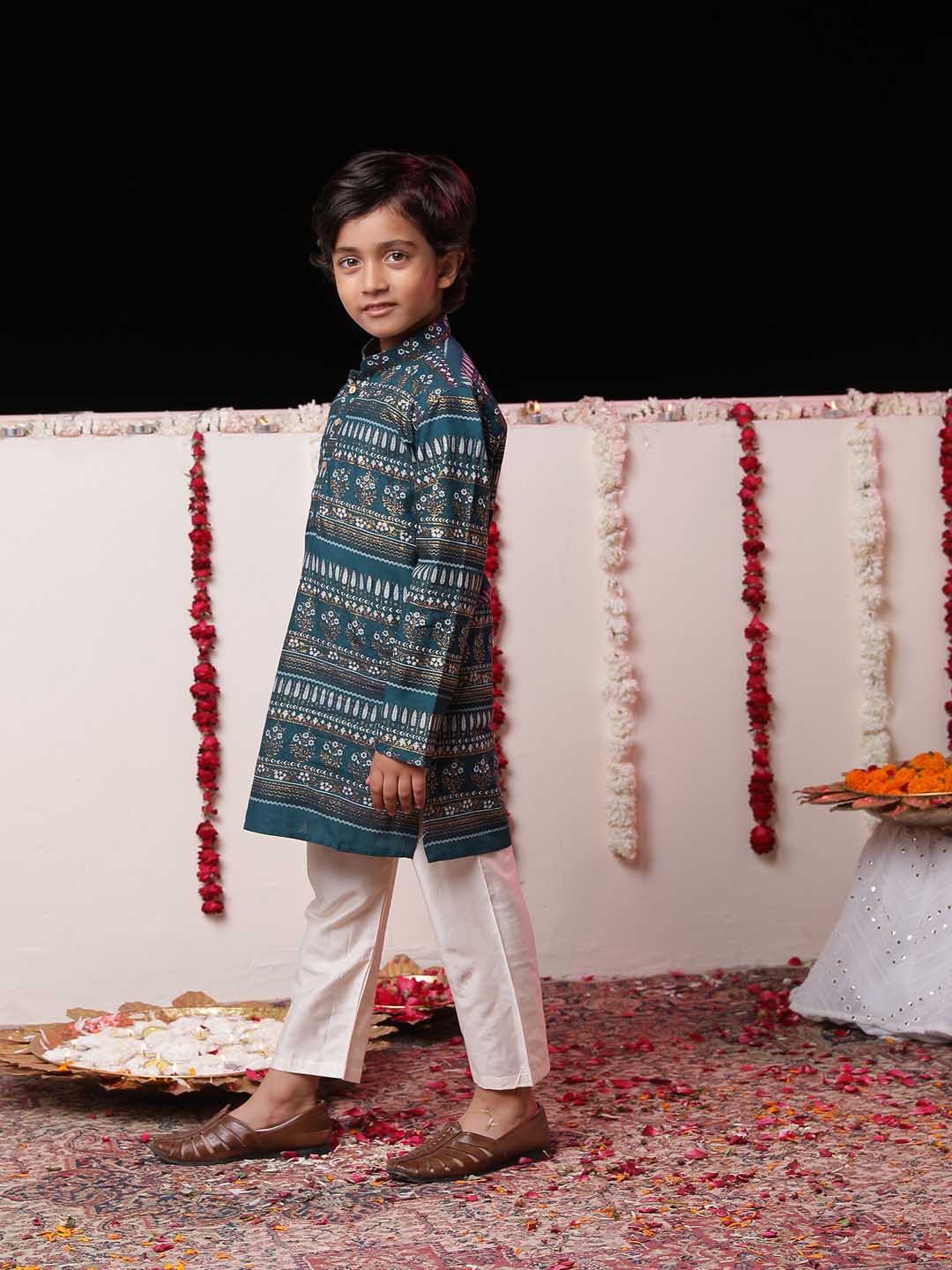 VASTRAMAY Boys' Blue Foil Printed Kurta And Cream Pyjama Set - qivii