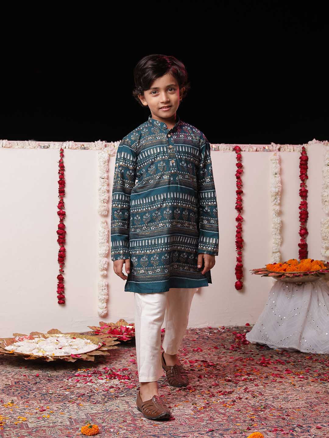 VASTRAMAY Boys' Blue Foil Printed Kurta And Cream Pyjama Set - qivii