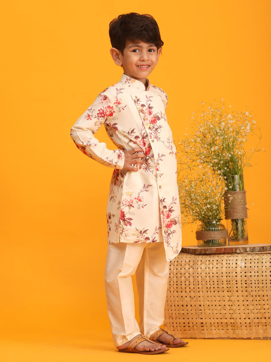 VASTRAMAY Boy's Yellow Floral Printed Angrakha Kurta with Cream Solid Pyjama Set - qivii