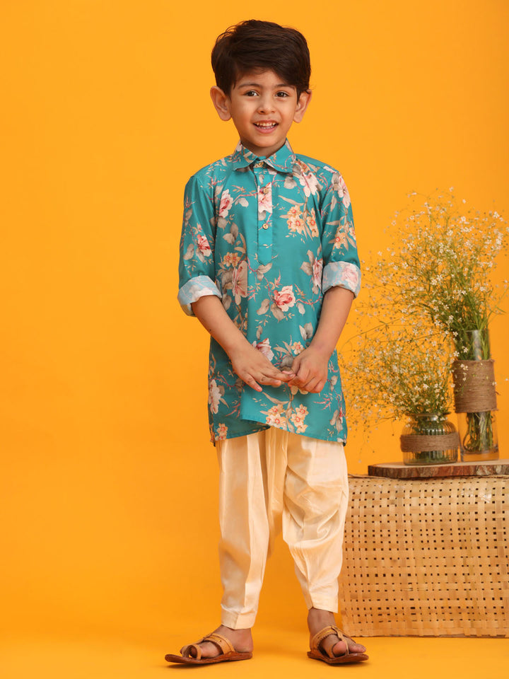 VASTRAMAY Boy's Turquoise Floral Printed Kurta with Cream Solid Pyjama Set - qivii