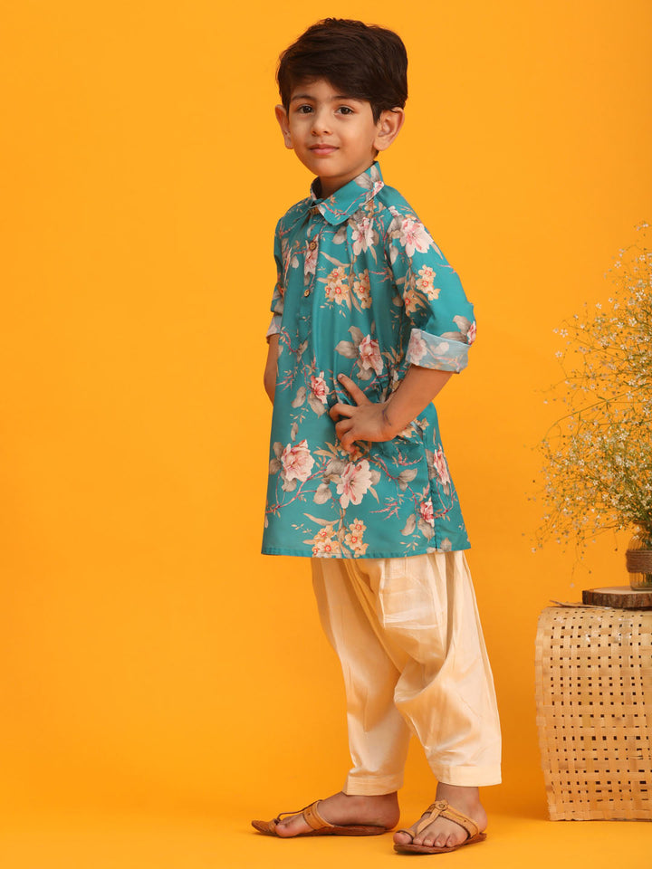 VASTRAMAY Boy's Turquoise Floral Printed Kurta with Cream Solid Pyjama Set - qivii