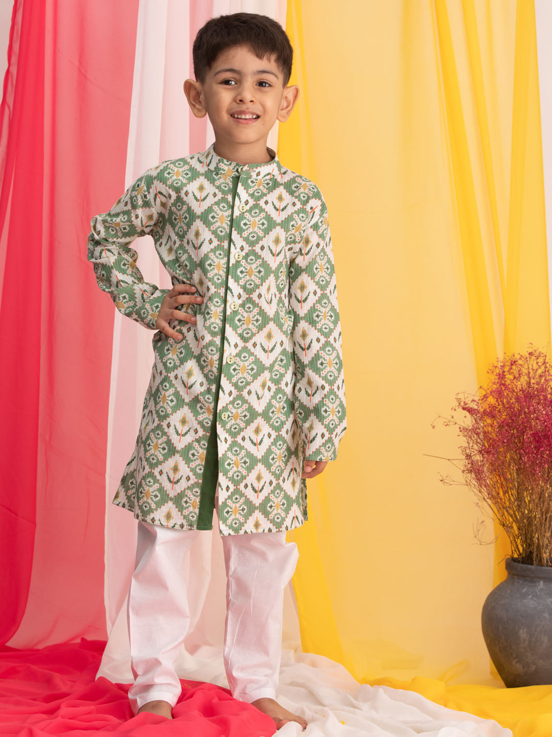 VASTRAMAY Boy's Green Ikkat Print Front Open Kurta with Pyjama Set - qivii