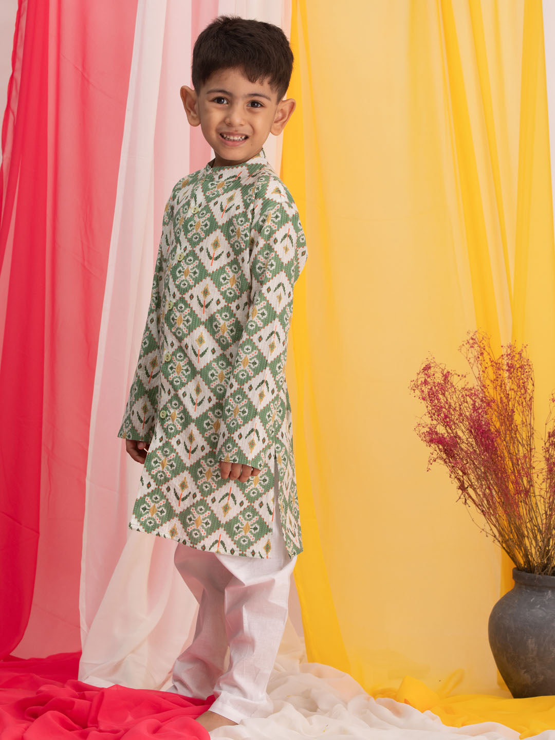 VASTRAMAY Boy's Green Ikkat Print Front Open Kurta with Pyjama Set - qivii