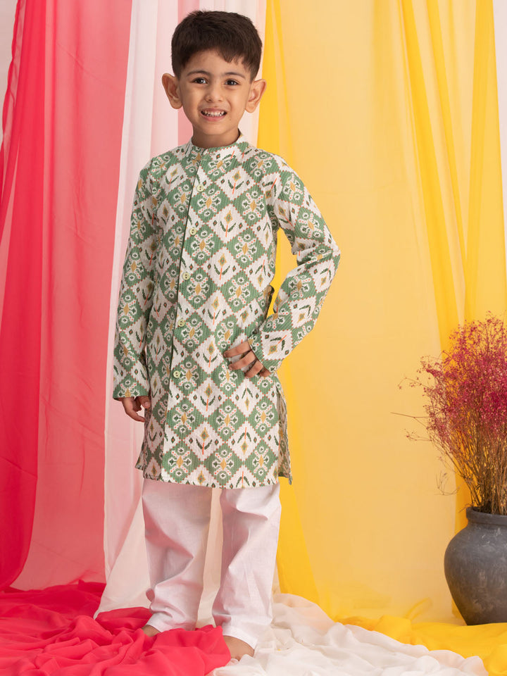 VASTRAMAY Boy's Green Ikkat Print Front Open Kurta with Pyjama Set - qivii
