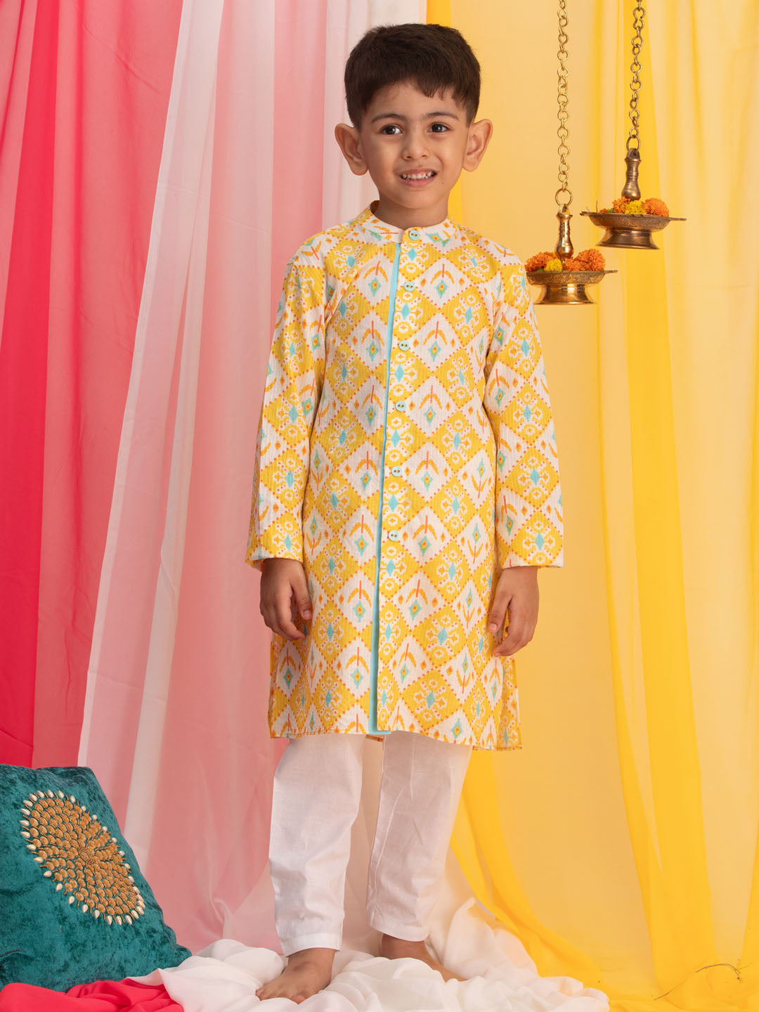 VASTRAMAY Boy's Yellow Ikkat Print Front Open Kurta with Pyjama Set - qivii