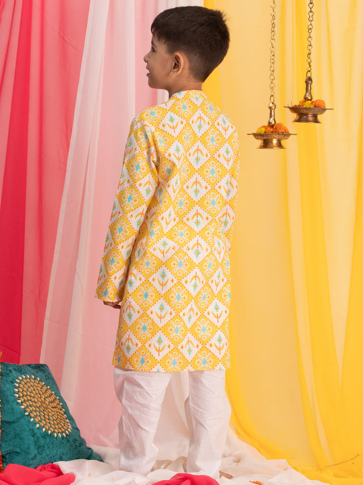 VASTRAMAY Boy's Yellow Ikkat Print Front Open Kurta with Pyjama Set - qivii